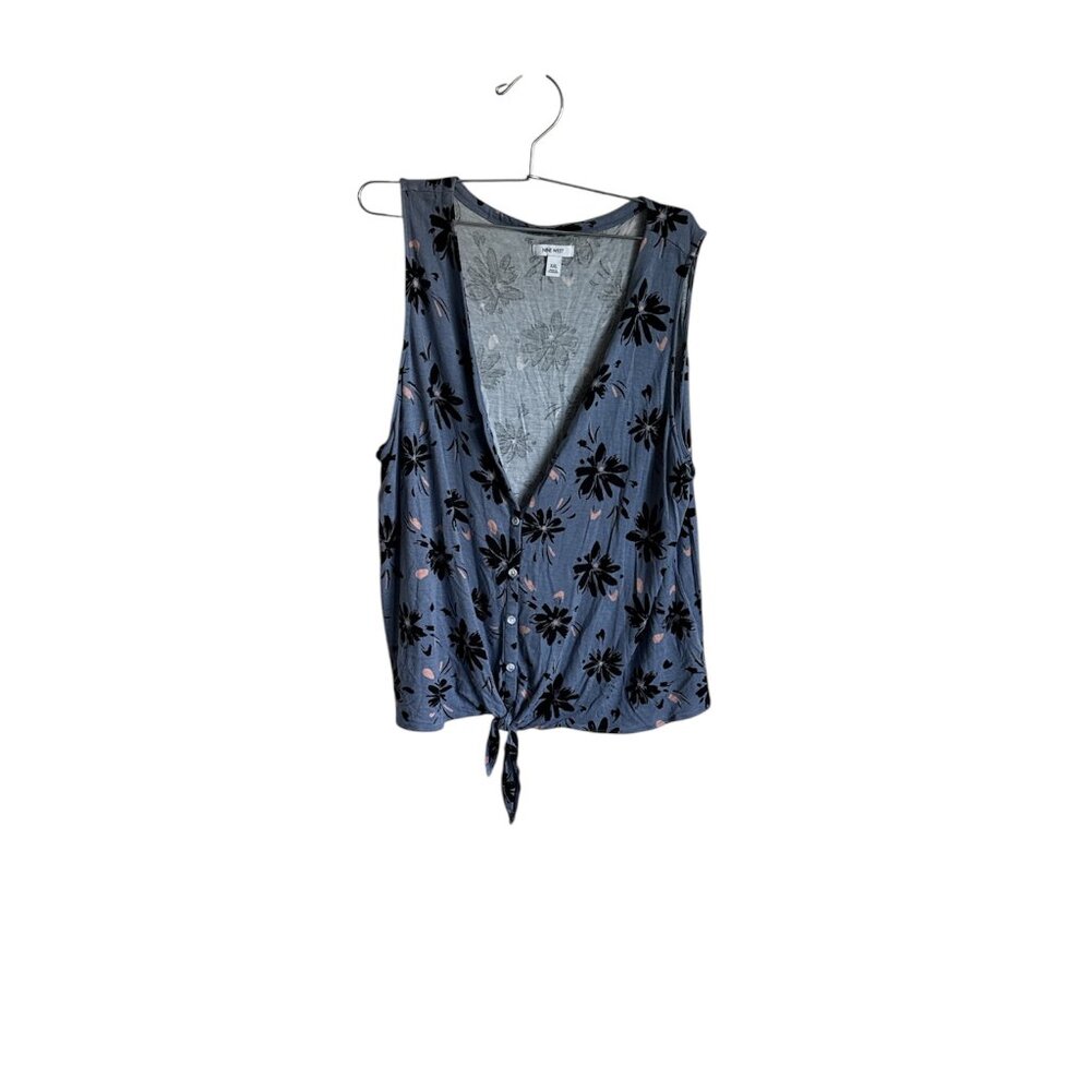 Nine West XXL Womens Blue Floral Sleeveless Blouse Shirt Tied Front Tank Top